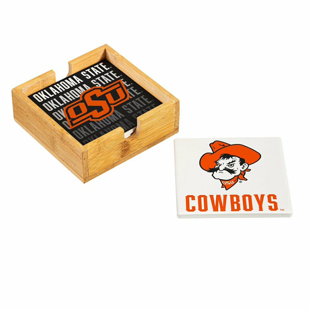 Oklahoma State University Ceramic Coasters Set, 4pcs with Wood Caddy - Collegiate Home