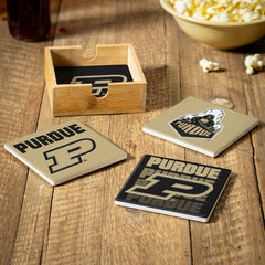 Purdue University Ceramic Coasters Set, 4pcs with Wood Caddy - Collegiate Home