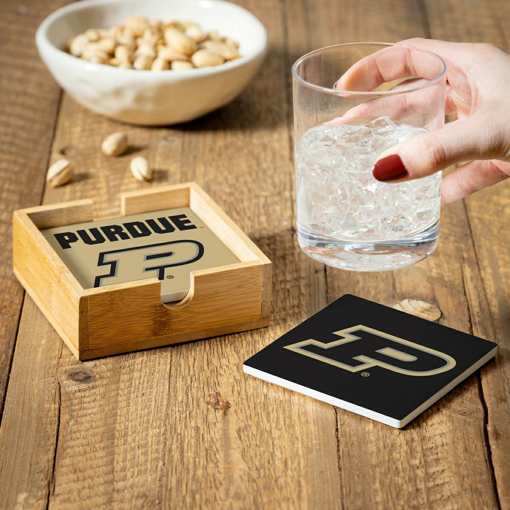 Purdue University Ceramic Coasters Set, 4pcs with Wood Caddy - Collegiate Home
