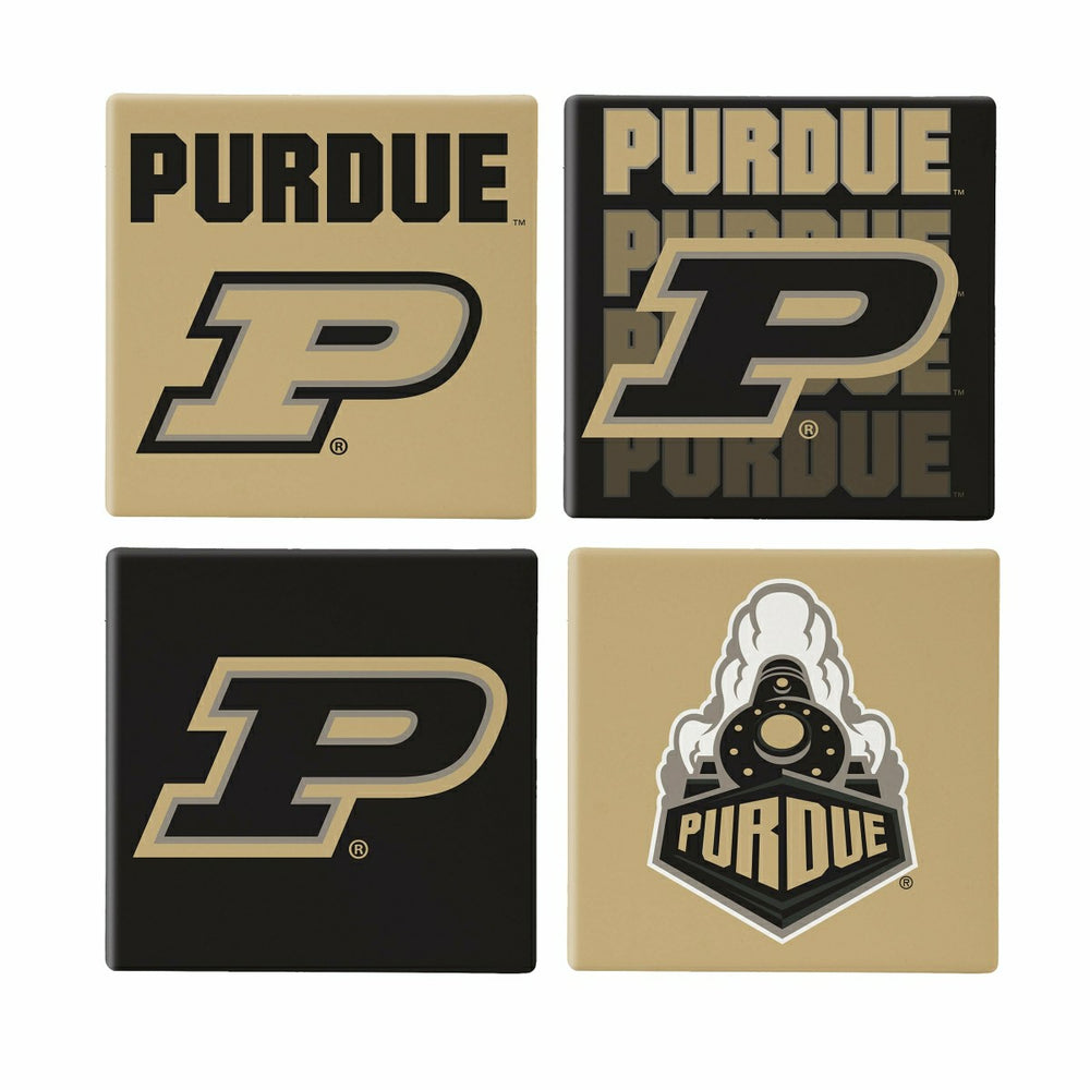 Purdue University Ceramic Coasters Set, 4pcs with Wood Caddy - Collegiate Home