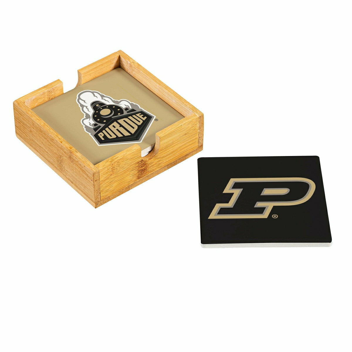 Purdue University Ceramic Coasters Set, 4pcs with Wood Caddy - Collegiate Home