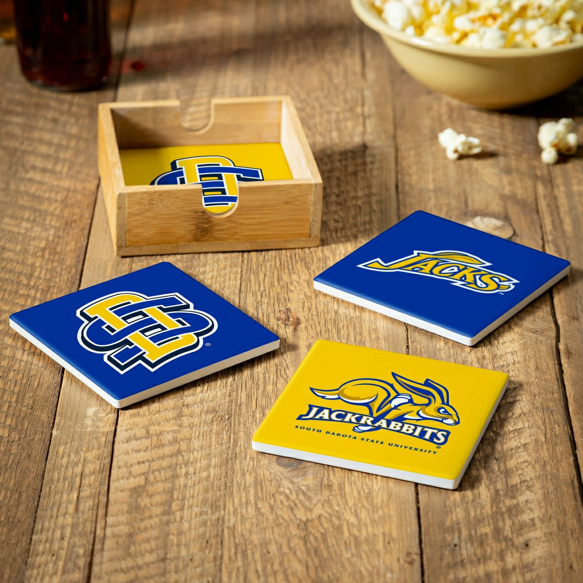 South Dakota State University Ceramic Coasters Set, 4pcs with Wood Cad - Collegiate Home