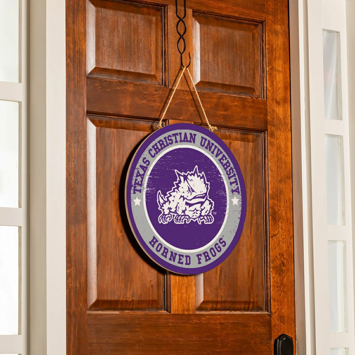 Texas Christian University Round Door Décor with Hanging Rope, 18x18 - Collegiate Home
