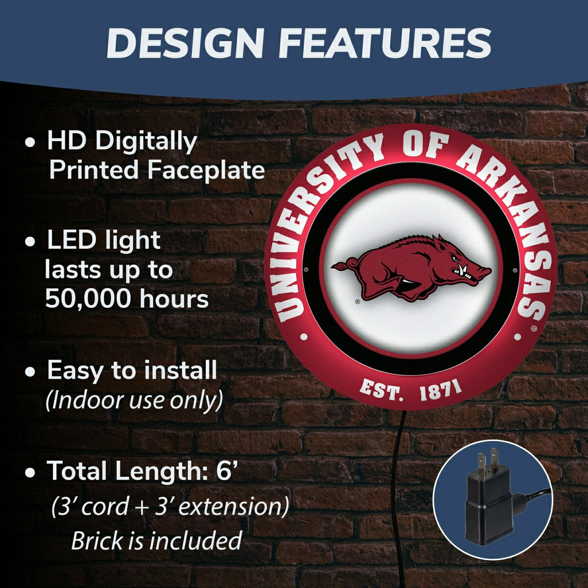 University of Arkansas, Metal Lite, Round - Collegiate