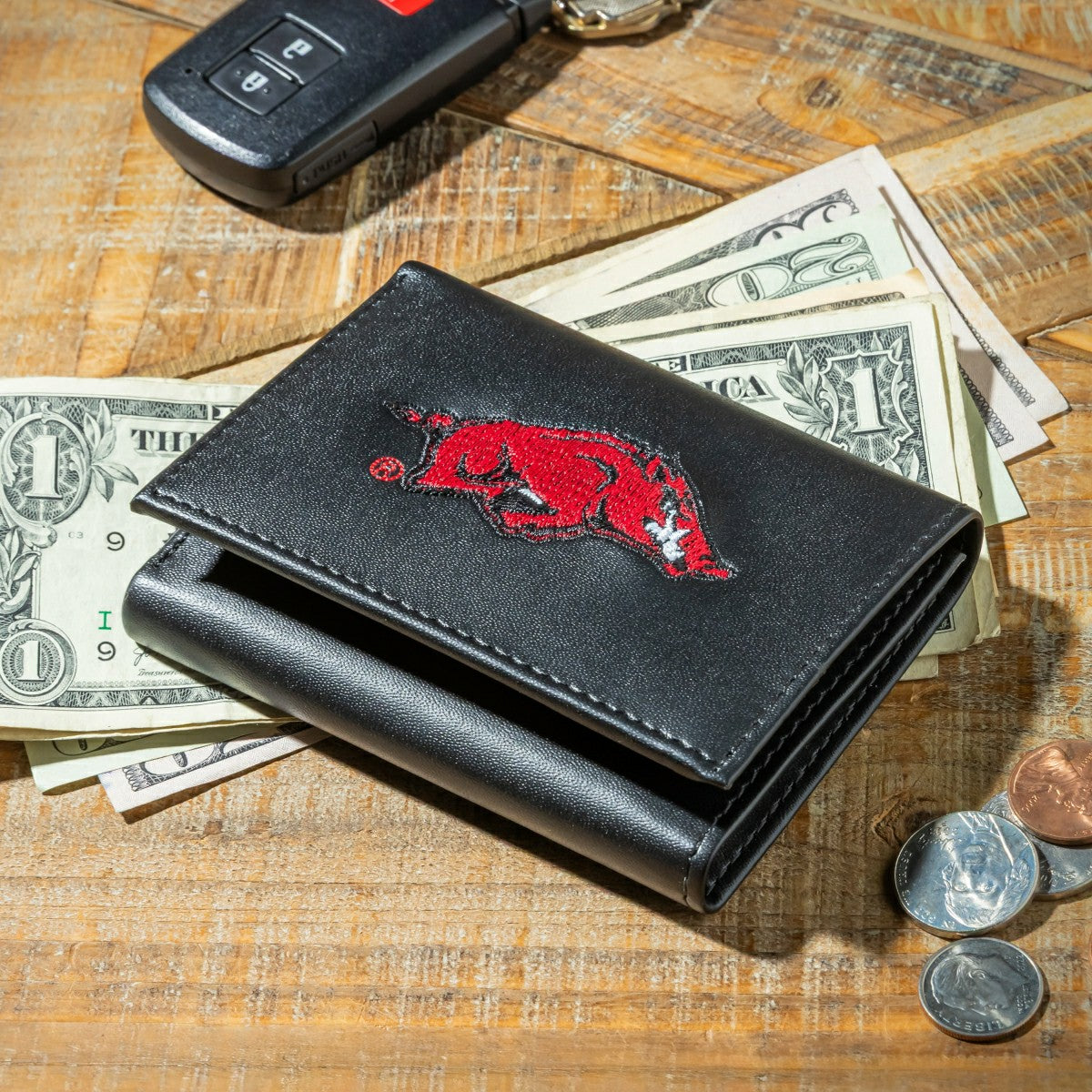 University of Arkansas Black Tri-Fold Embroidered Wallet w/ RFID Blocking - Collegiate Home