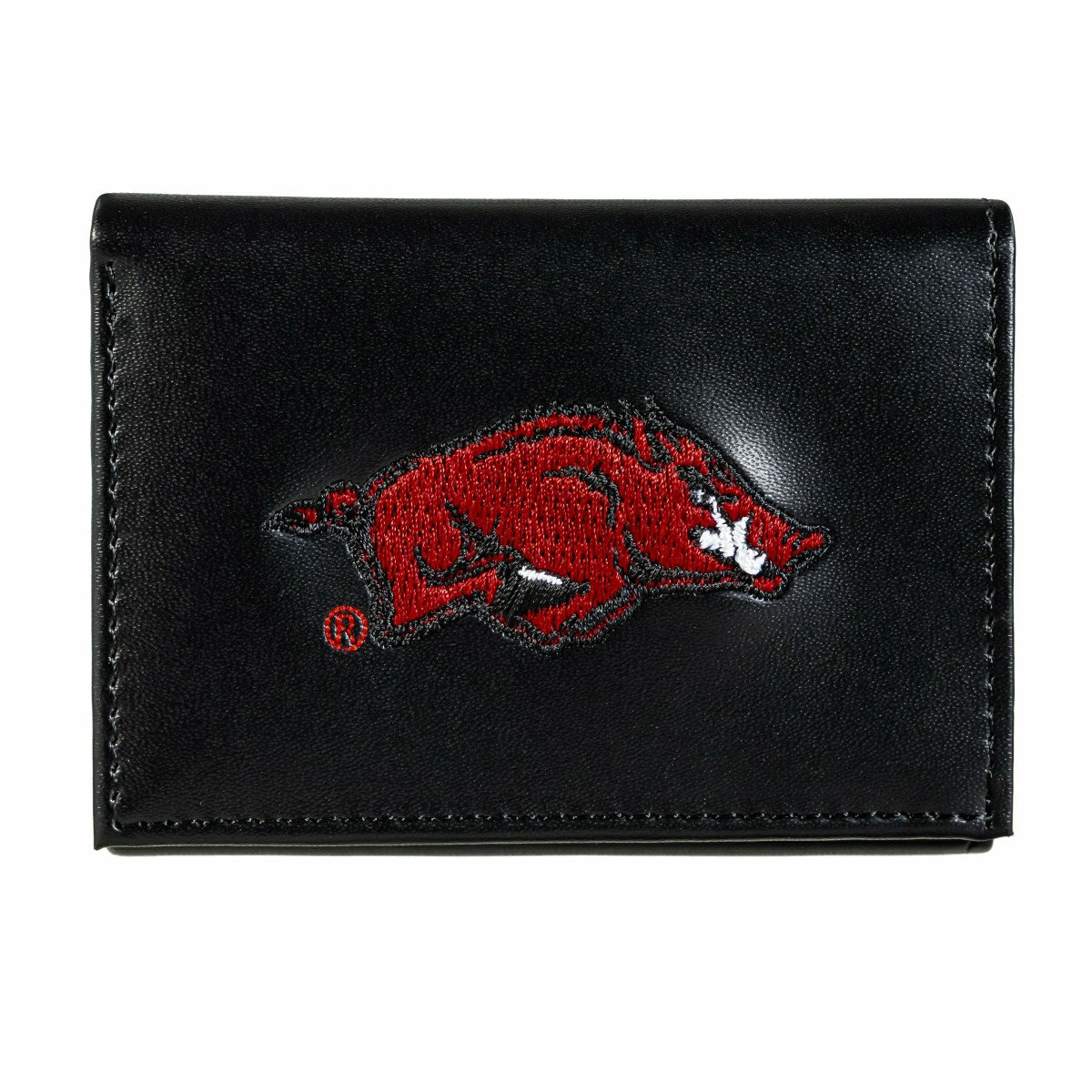 University of Arkansas Black Tri-Fold Embroidered Wallet w/ RFID Blocking - Collegiate Home