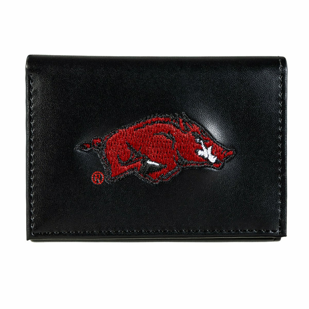 University of Arkansas Black Tri-Fold Embroidered Wallet w/ RFID Blocking - Collegiate Home