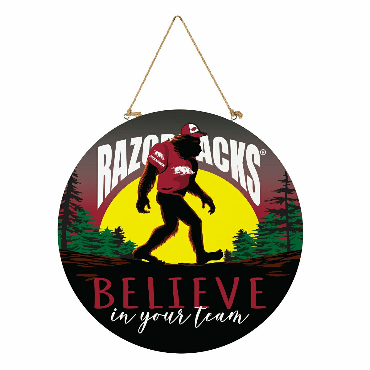 University of Arkansas Bigfoot Round Door Décor with Hanging Rope, 18x - Collegiate Home