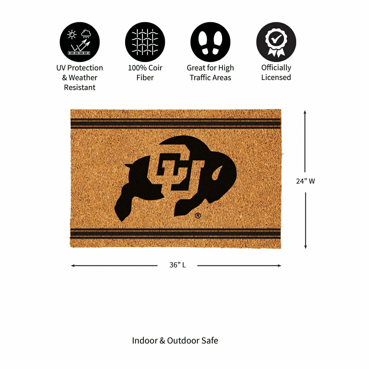 University of Colorado Large One Color Coir Mat, 36"x24" - Collegiate