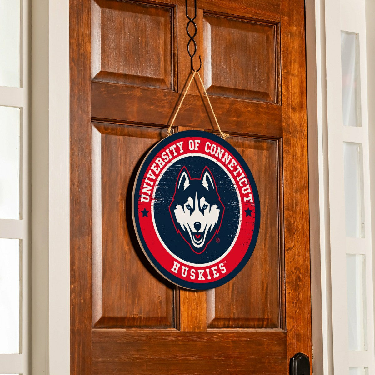 University of Connecticut Round Door Décor with Hanging Rope, 18x18 - Collegiate Home