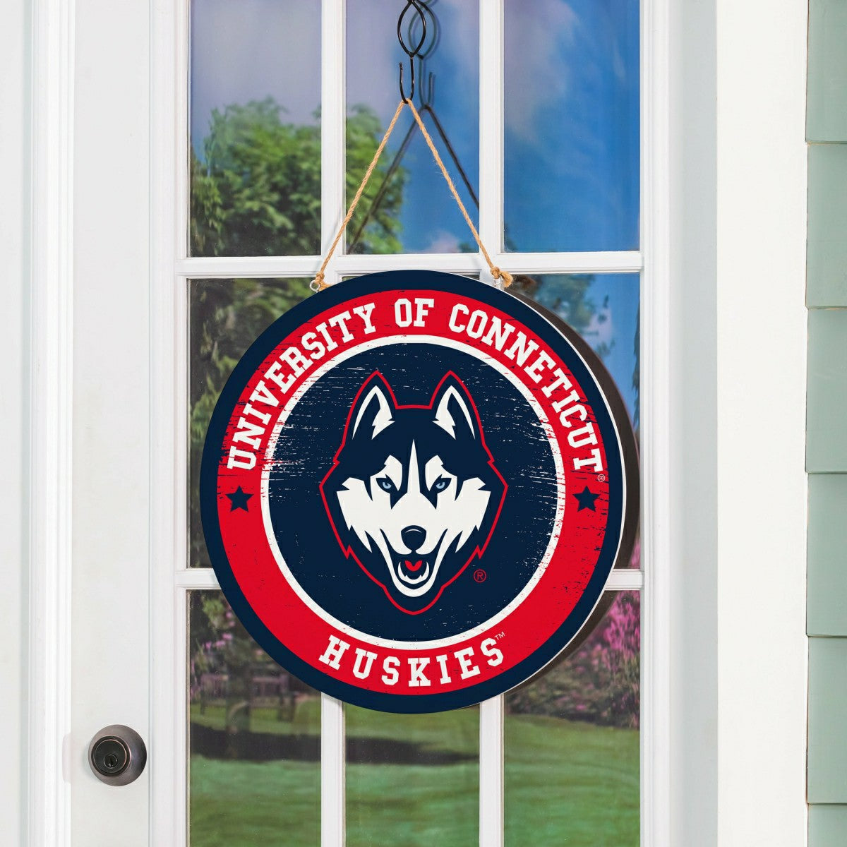 University of Connecticut Round Door Décor with Hanging Rope, 18x18 - Collegiate Home