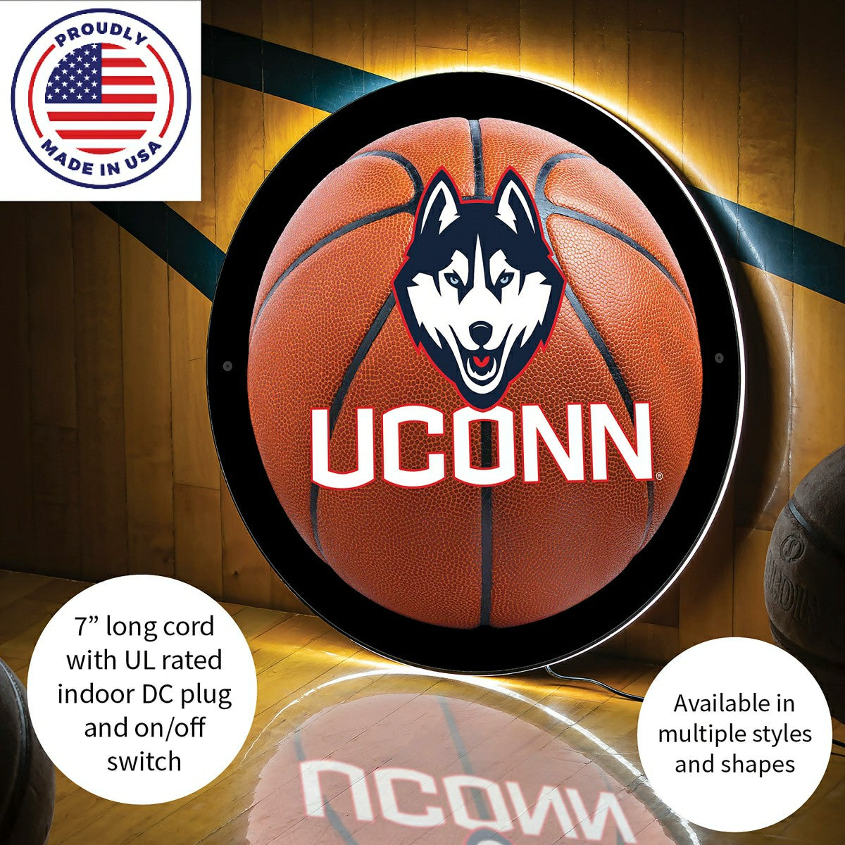 LED Wall Decor, Round, Med, Uconn, Basketball - Collegiate Home