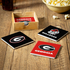 University of Georgia Ceramic Coasters Set, 4pcs with Wood Caddy - Collegiate Home