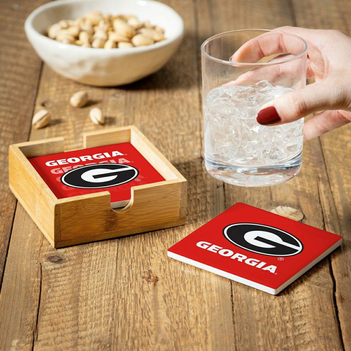 University of Georgia Ceramic Coasters Set, 4pcs with Wood Caddy - Collegiate Home