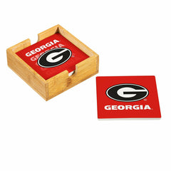 University of Georgia Ceramic Coasters Set, 4pcs with Wood Caddy - Collegiate Home