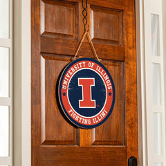University of Illinois Round Door Décor with Hanging Rope, 18x18 - Collegiate Home