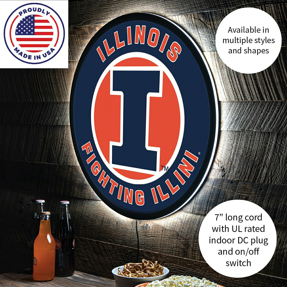 LED Wall Decor, Round, University of Illinois - Collegiate Home