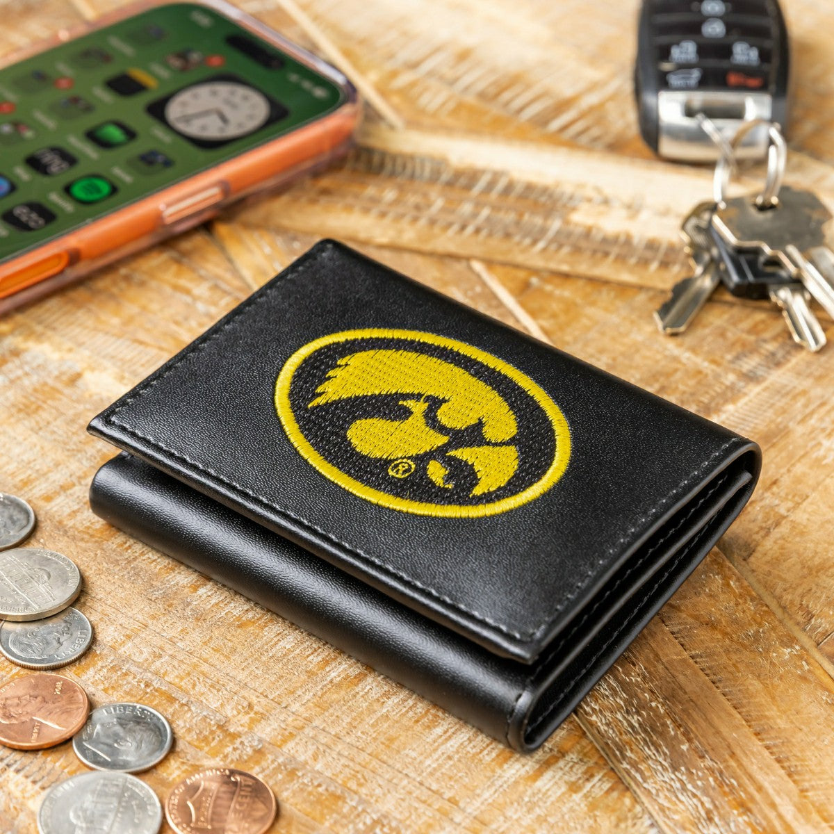 University of Iowa Black Tri-Fold Embroidered Wallet w/ RFID Blocking - Collegiate Home