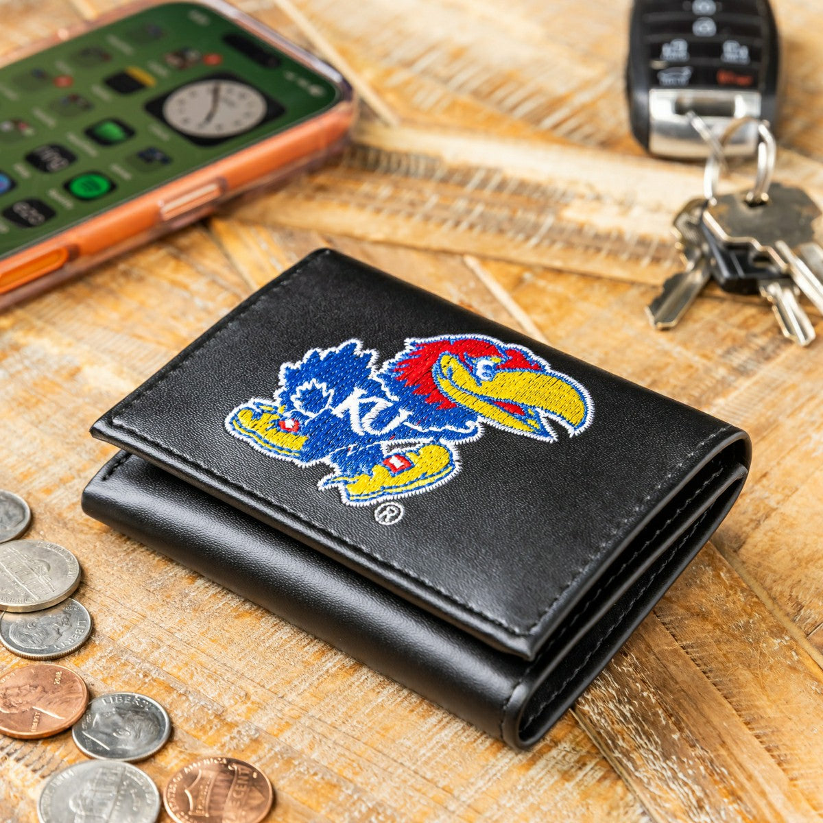 University of Kansas Black Tri-Fold Embroidered Wallet w/ RFID Blocking - Collegiate Home