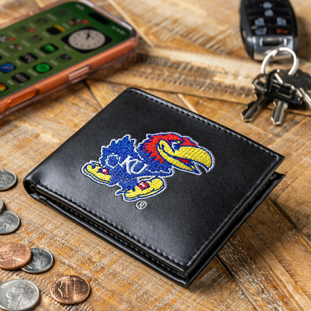University of Kansas Black Bi-Fold Embroidered Wallet - Collegiate Home