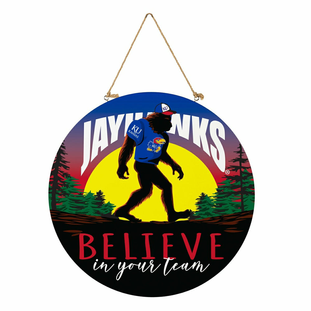University of Kansas Bigfoot Round Door Décor with Hanging Rope, 18x18 - Collegiate Home