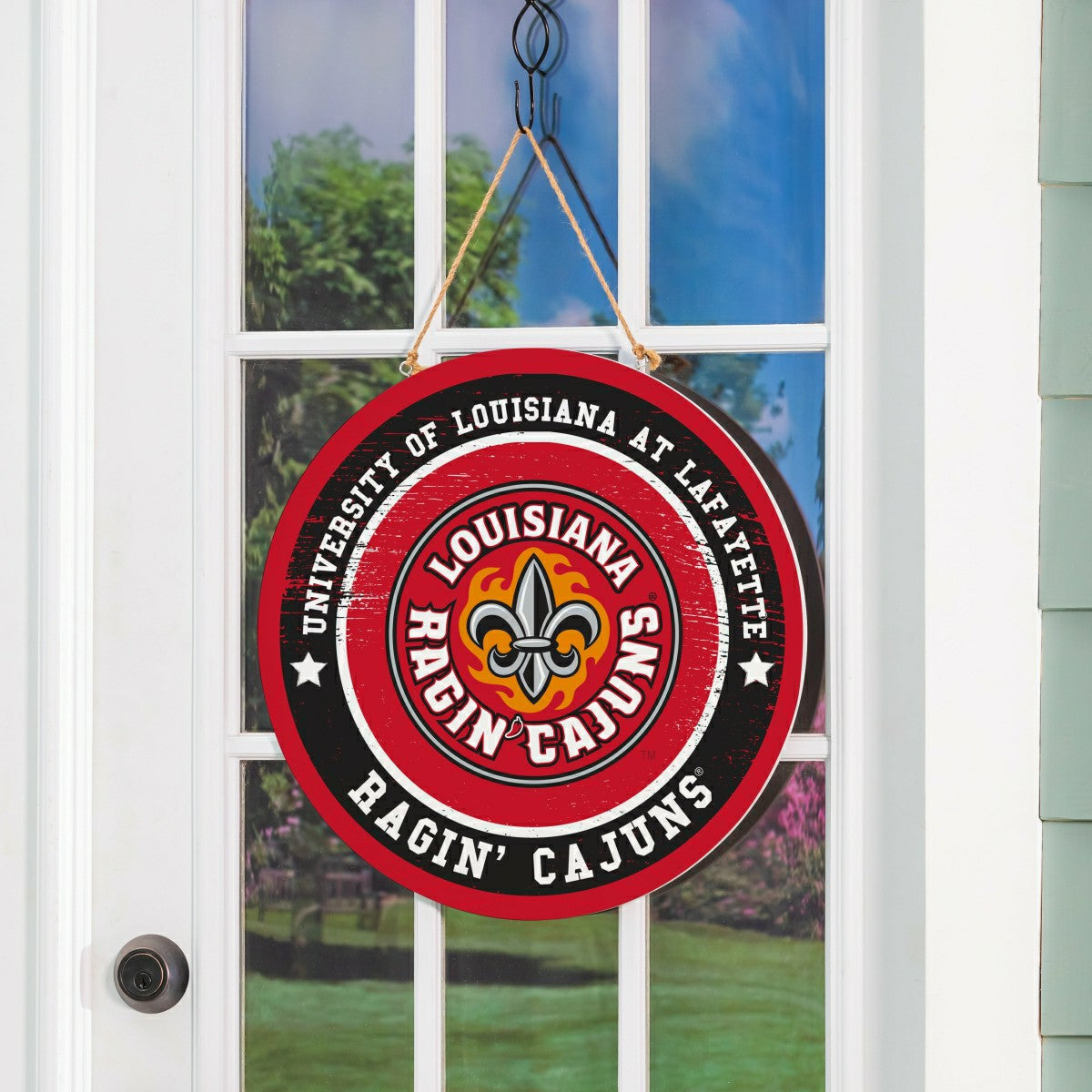 Louisiana at Lafayette University Round Door Décor with Hanging Rope, 18x18 - Collegiate Home