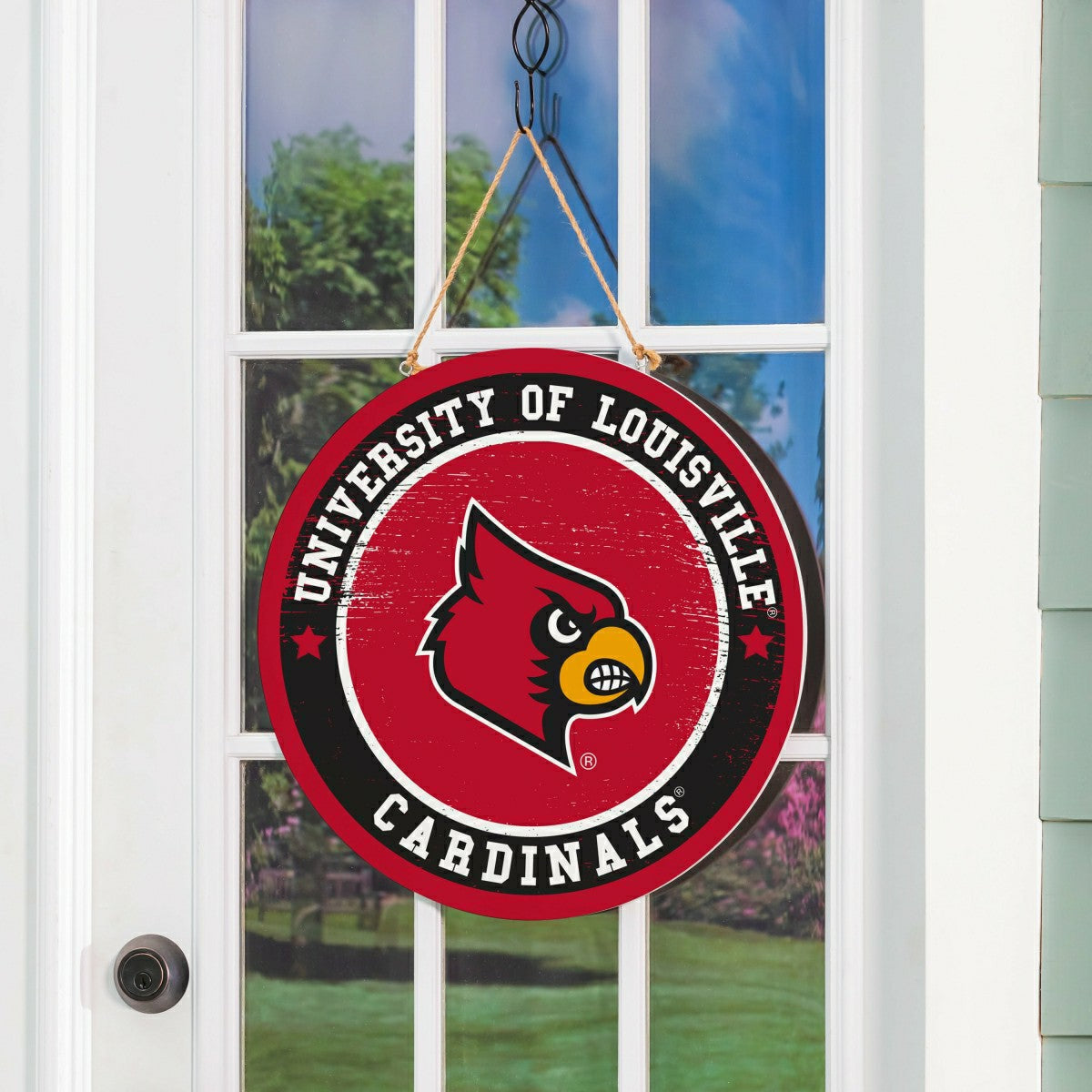 University of Louisville Round Door Décor with Hanging Rope, 18x18 - Collegiate Home