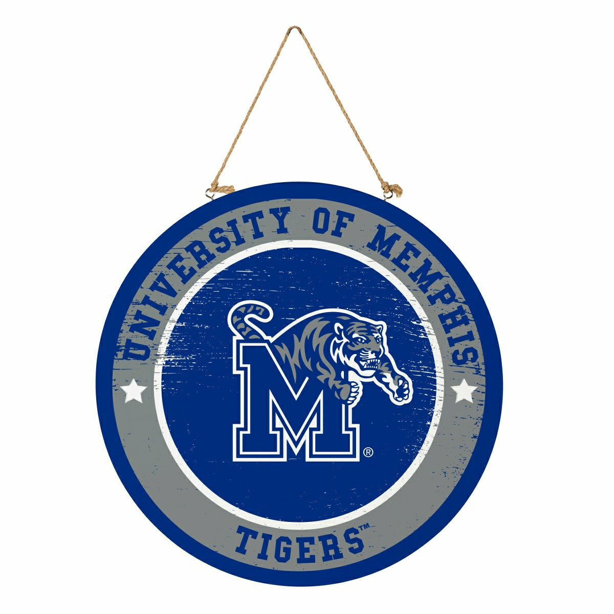 University of Memphis Round Door Décor with Hanging Rope, 18x18 - Collegiate Home