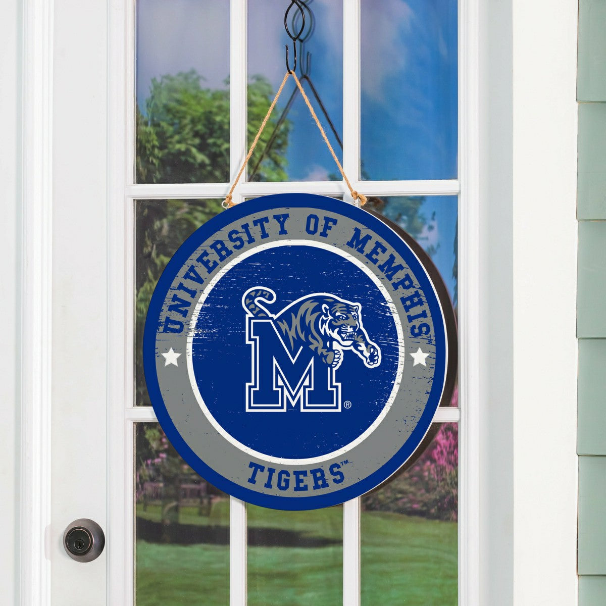 University of Memphis Round Door Décor with Hanging Rope, 18x18 - Collegiate Home