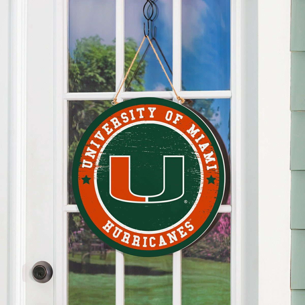University of Miami Round Door Décor with Hanging Rope, 18x18 - Collegiate Home