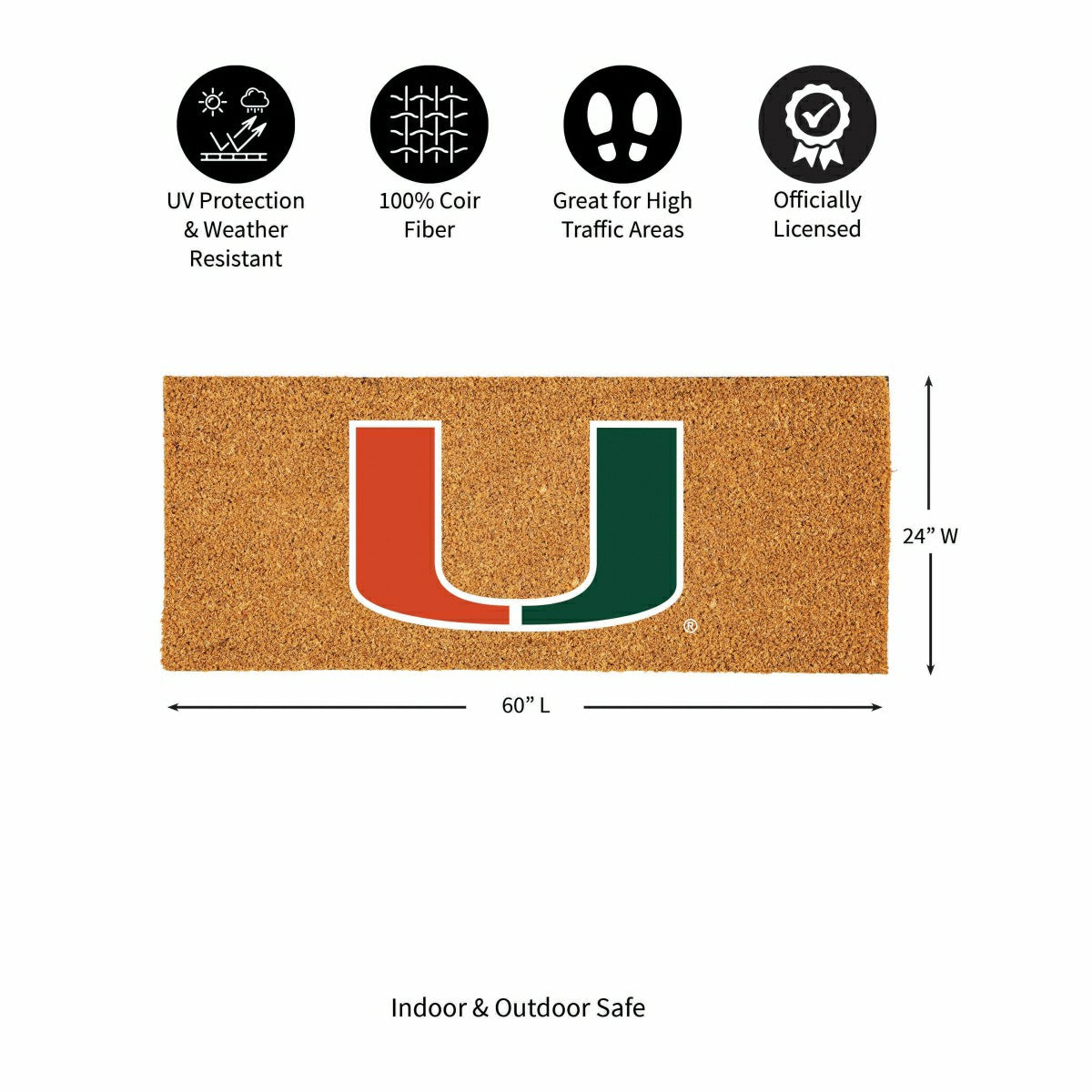 University of Miami Extra Large Full Color Coir Mat, 60"x24" - Collegiate