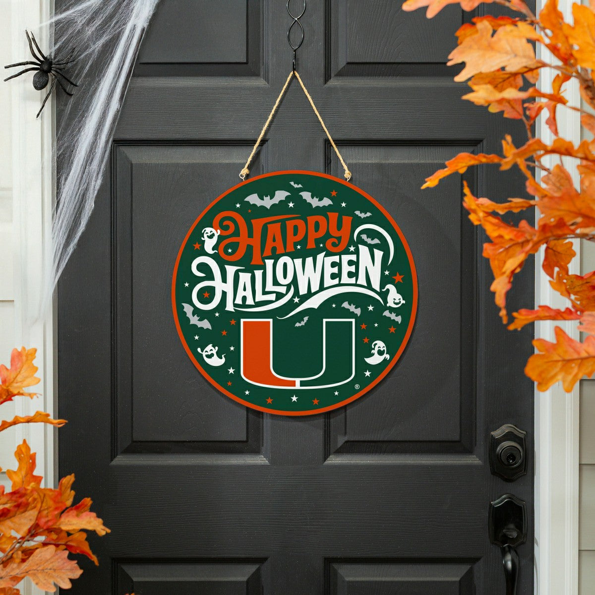 University of Miami Halloween Round Door Décor with Hanging Rope, 18x1 - Collegiate Home
