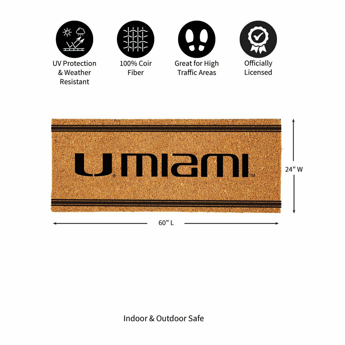 University of Miami Extra Large One Color Coir Mat, 60"x24" - Collegiate