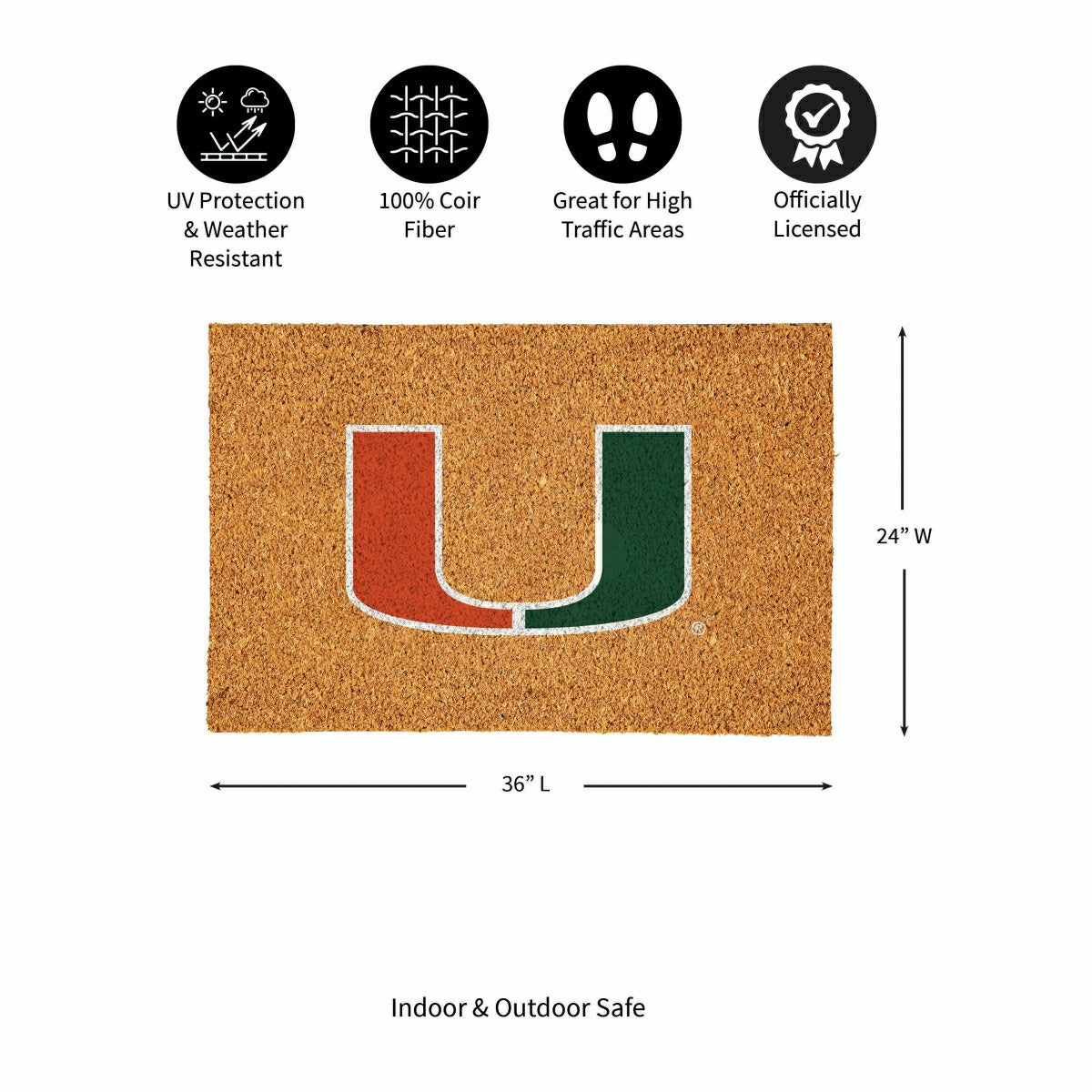 University of Miami Large Full Color Coir Mat, 36"x24" - Collegiate