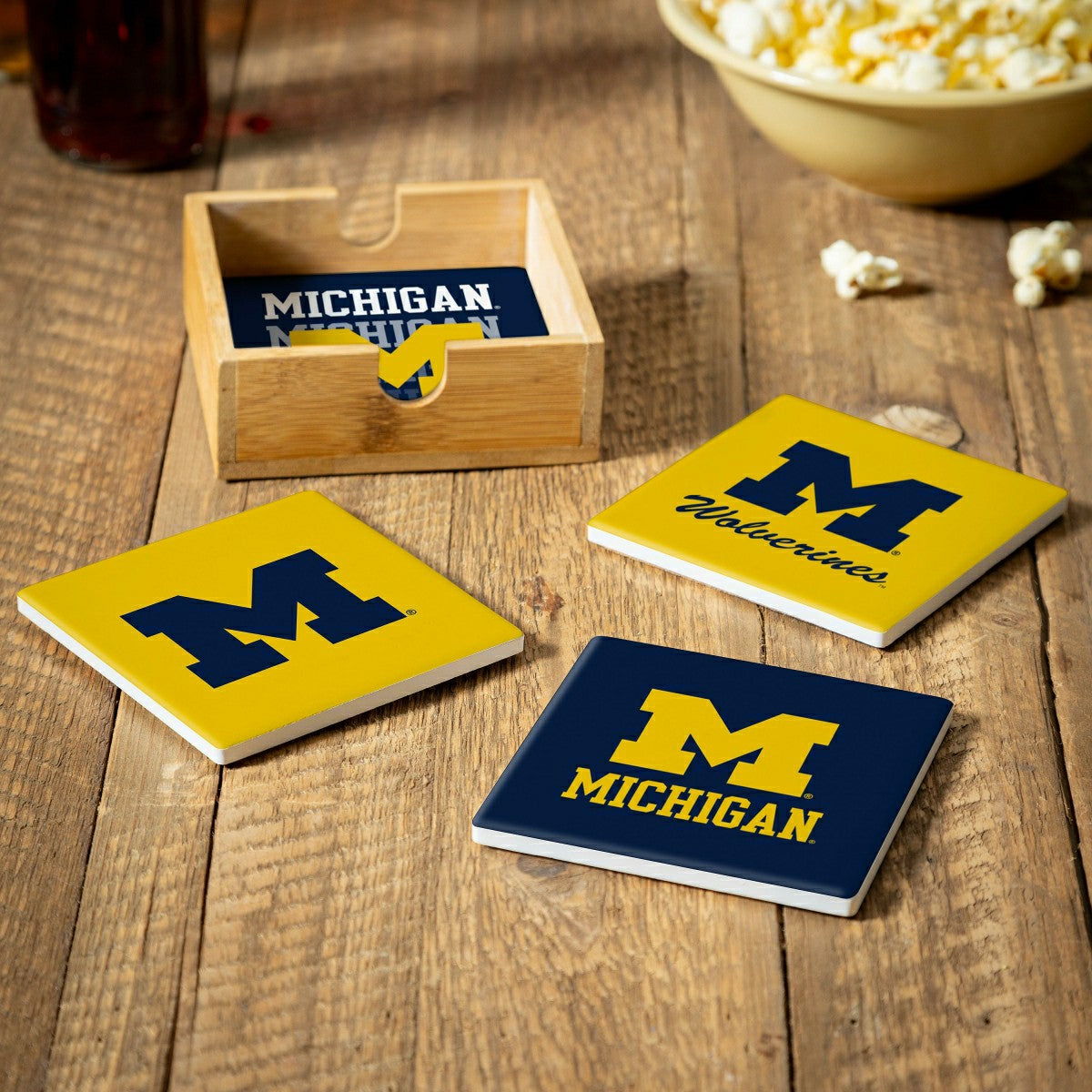 University Of Michigan Ceramic Coasters Set, 4pcs with Wood Caddy - Collegiate Home