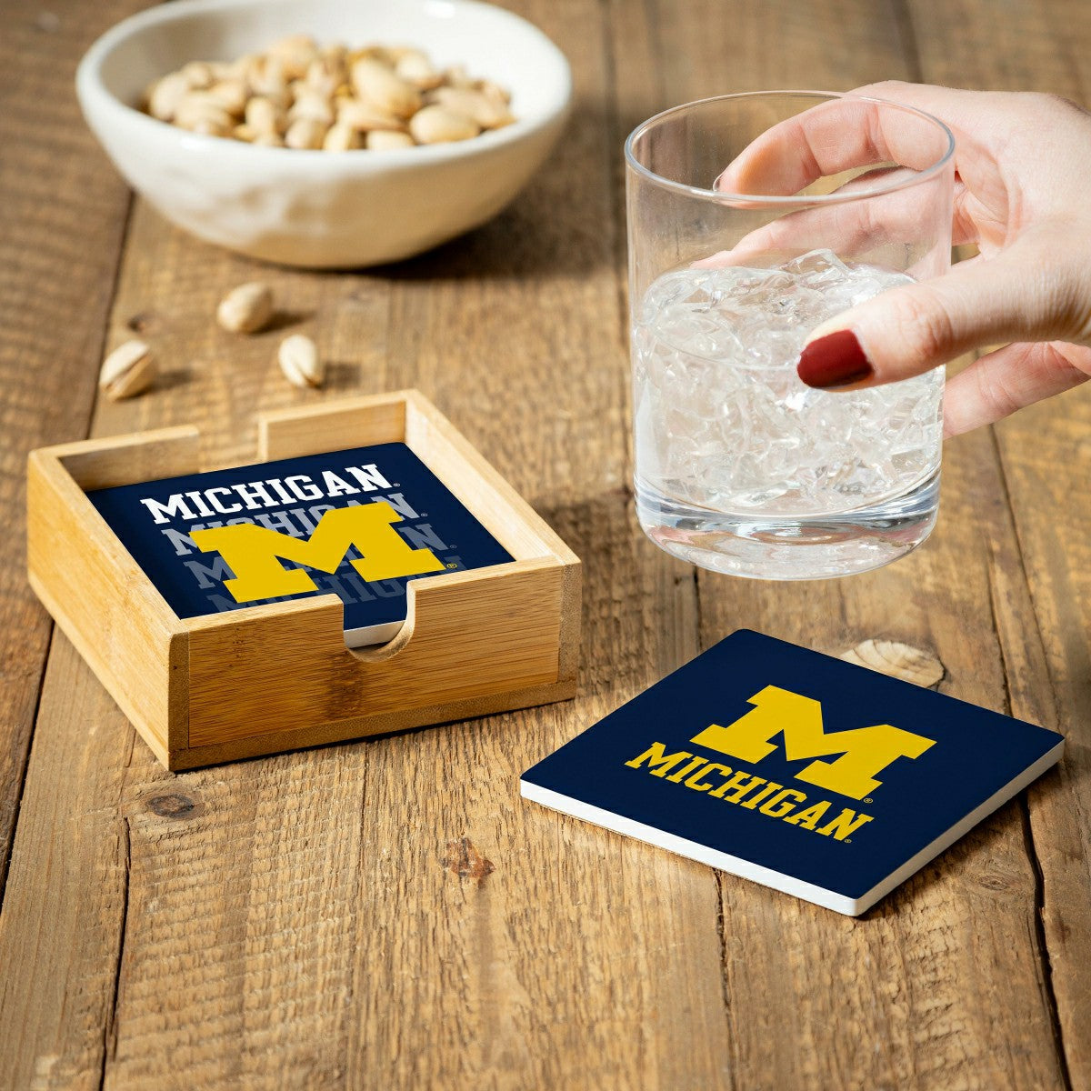 University Of Michigan Ceramic Coasters Set, 4pcs with Wood Caddy - Collegiate Home