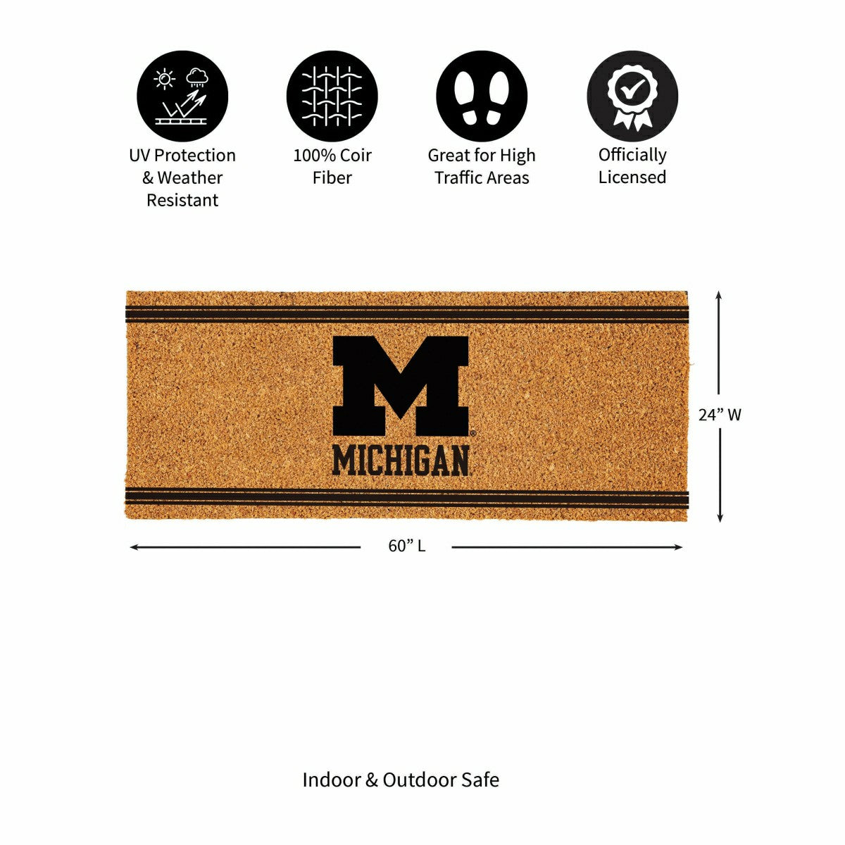 University Of Michigan Extra Large One Color Coir Mat, 60"x24" - Collegiate
