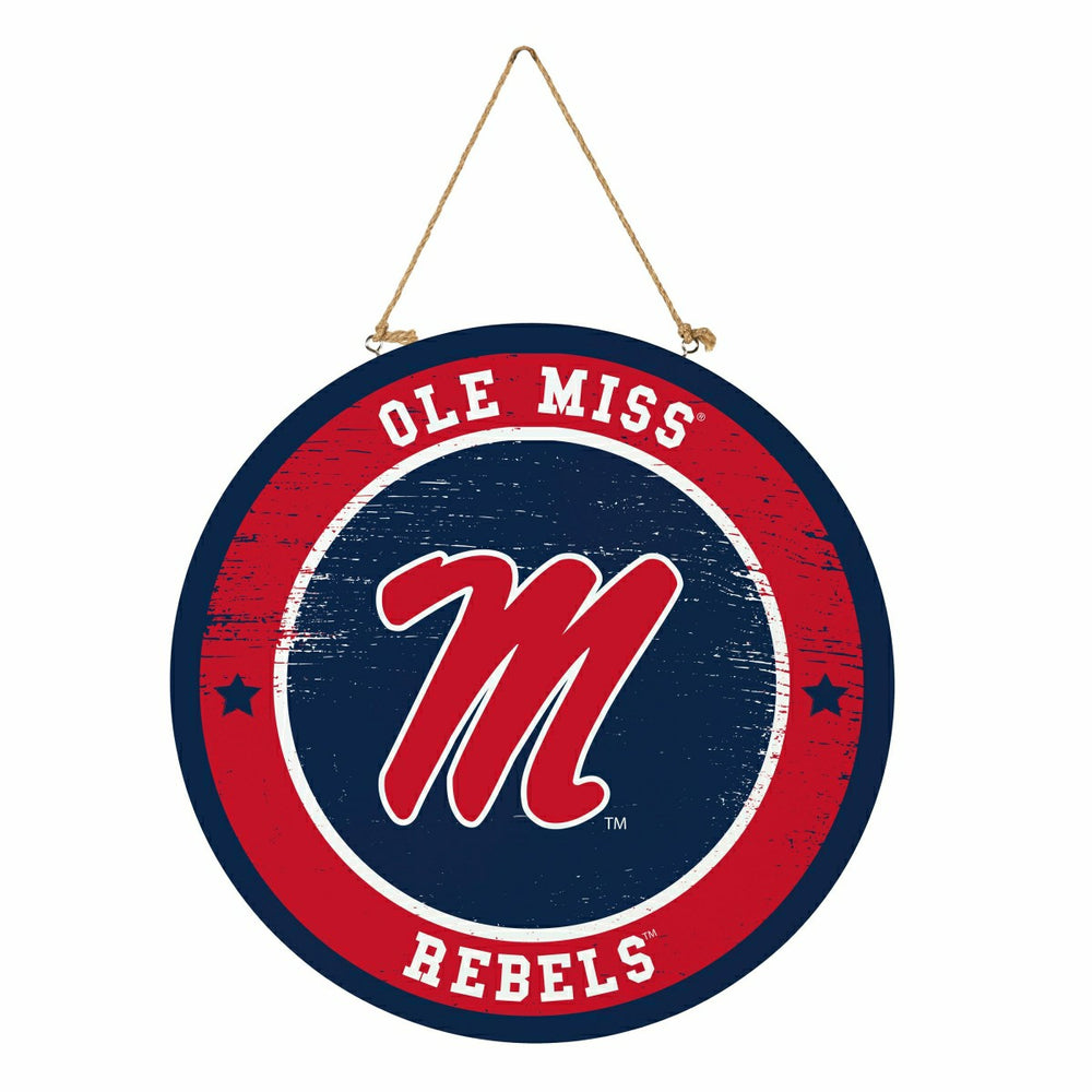 University of Mississippi Round Door Décor with Hanging Rope, 18x18 - Collegiate Home