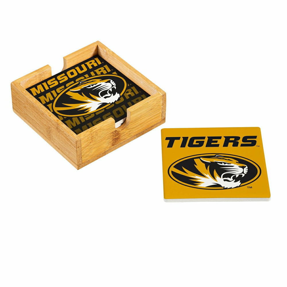 University of Missouri Ceramic Coasters Set, 4pcs with Wood Caddy - Collegiate Home