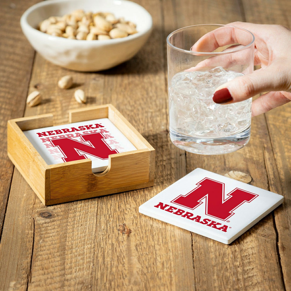 University of Nebraska Ceramic Coasters Set, 4pcs with Wood Caddy - Collegiate Home