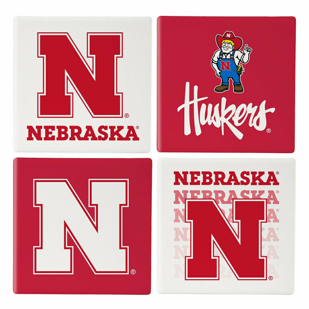 University of Nebraska Ceramic Coasters Set, 4pcs with Wood Caddy - Collegiate Home