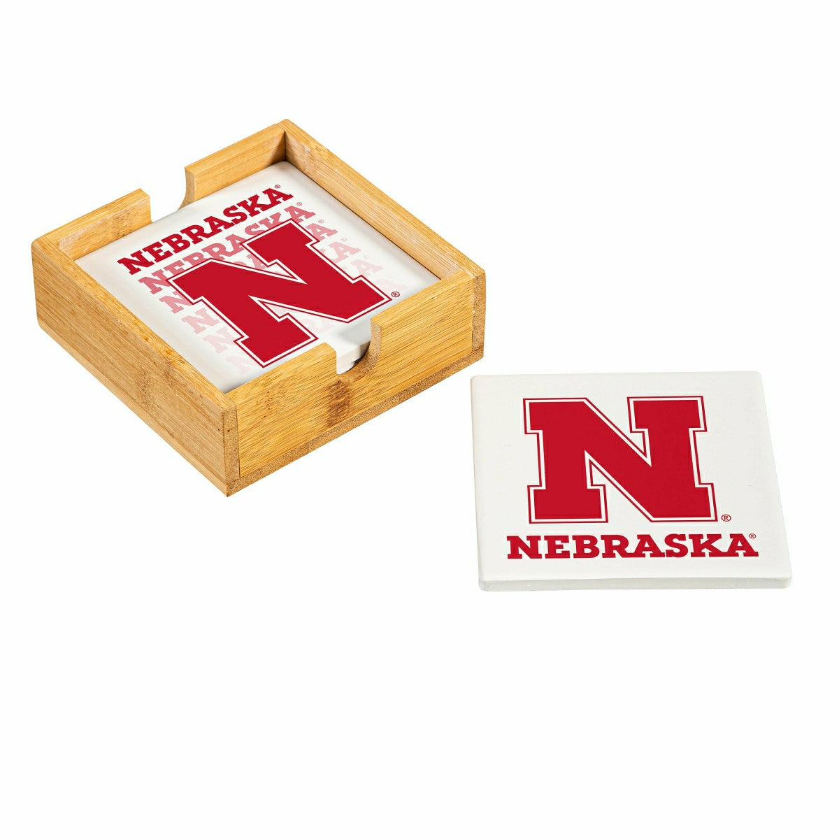 University of Nebraska Ceramic Coasters Set, 4pcs with Wood Caddy - Collegiate Home