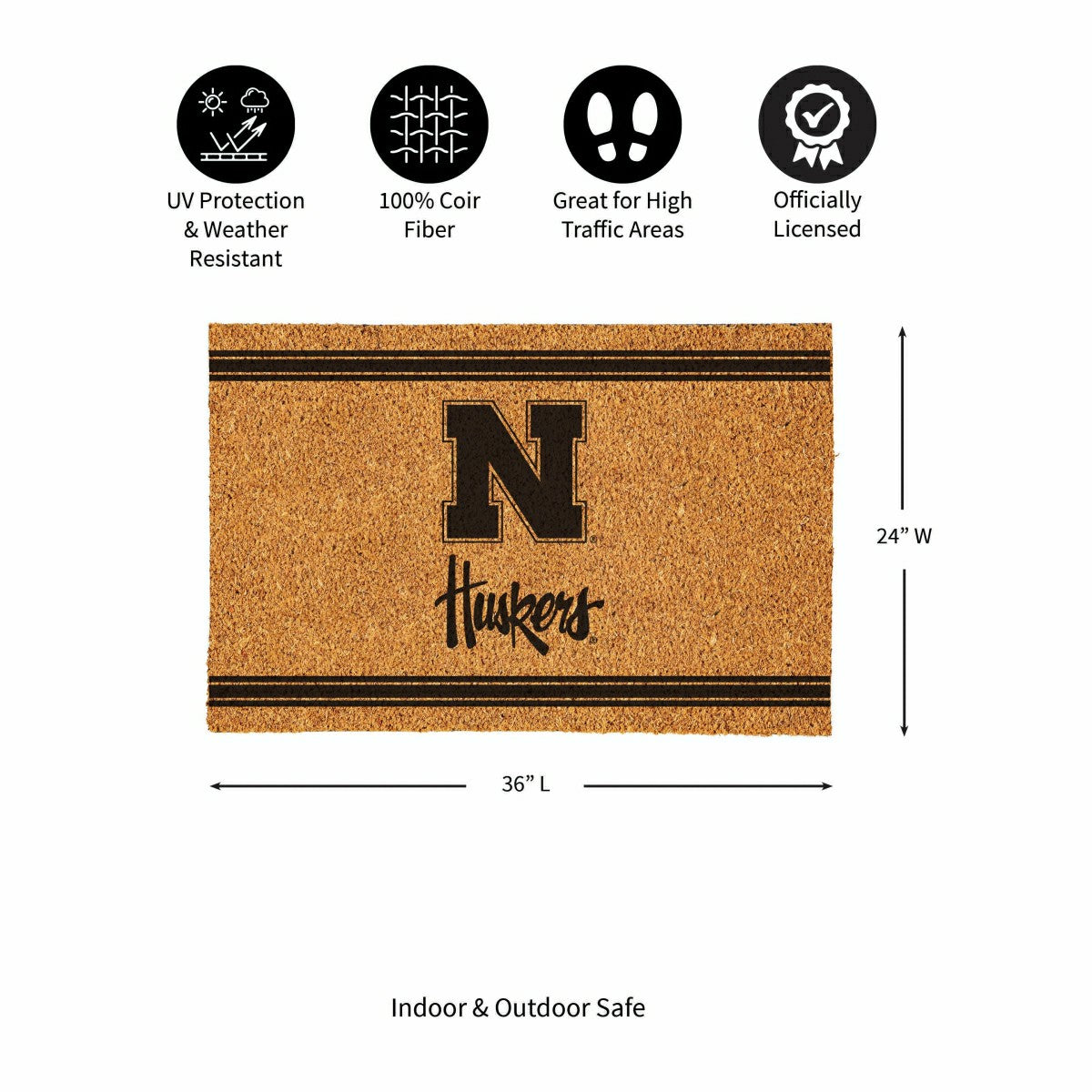 University of Nebraska Large One Color Coir Mat, 36"x24" - Collegiate