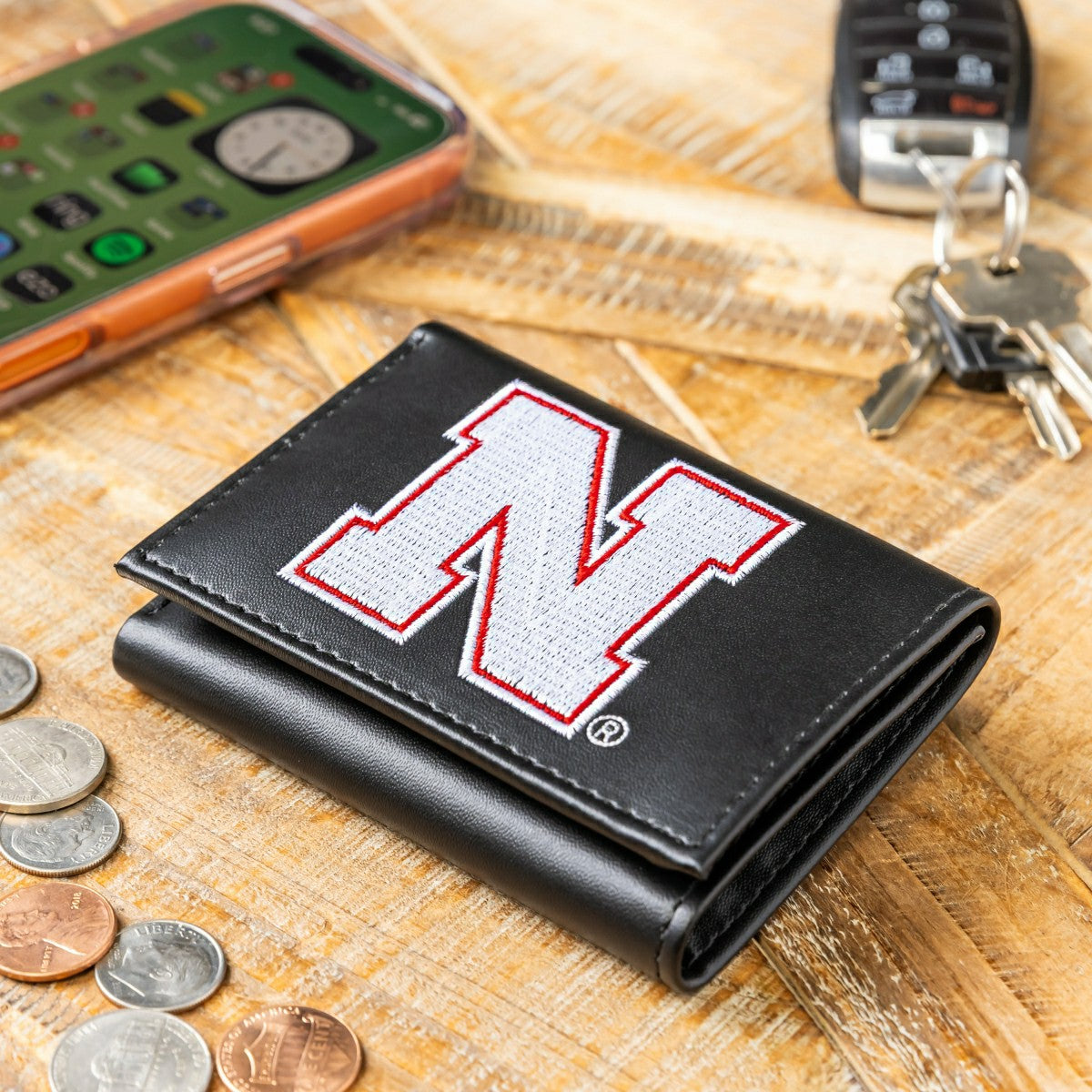 University of Nebraska Black Tri-Fold Embroidered Wallet w/ RFID Blocking - Collegiate Home