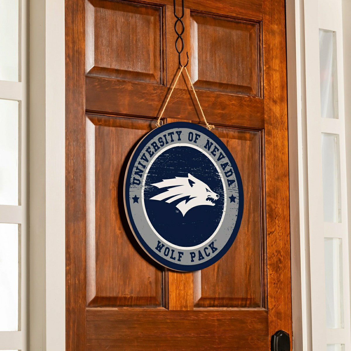 University of Nevada Round Door Décor with Hanging Rope, 18x18 - Collegiate Home
