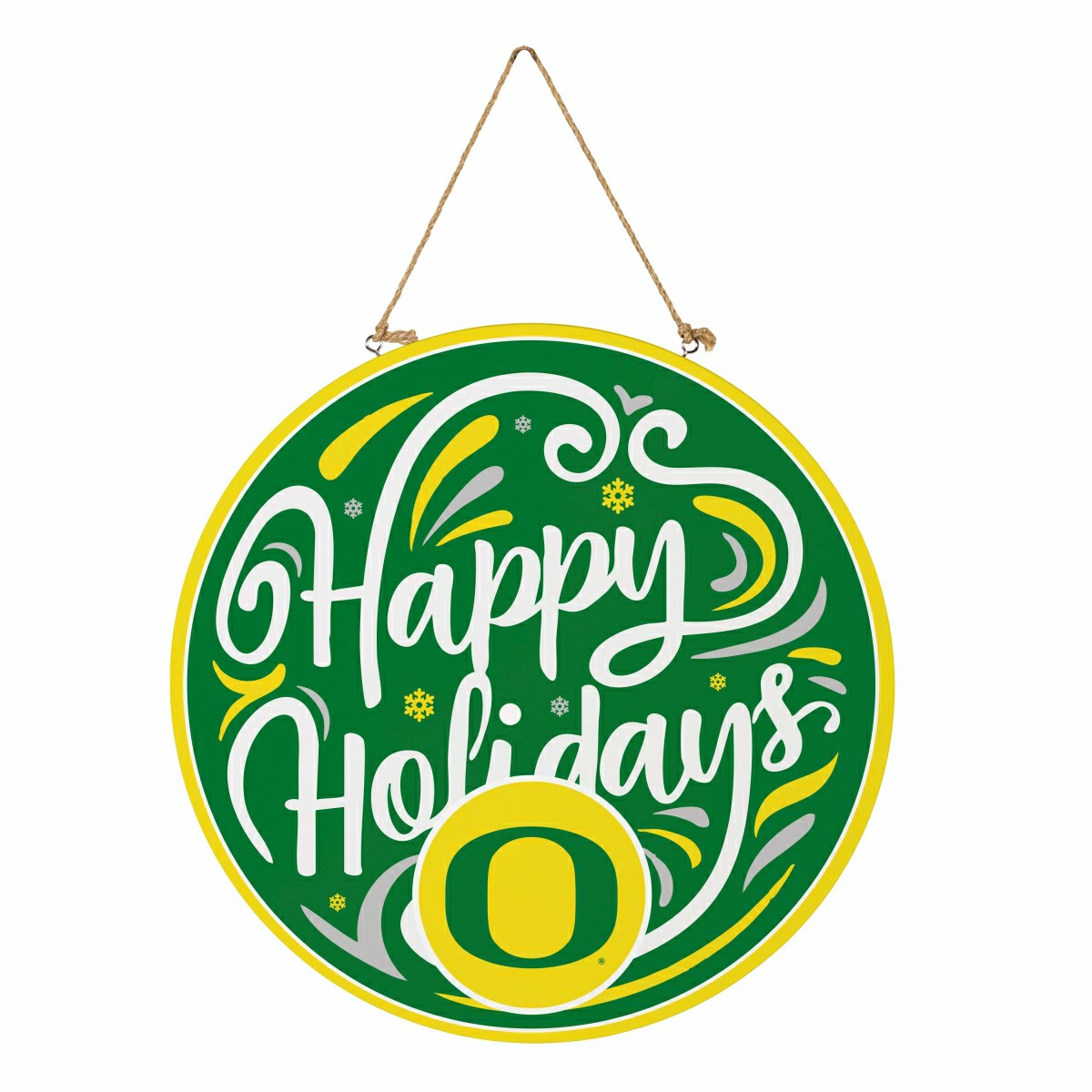 University of Oregon Holiday Round Door Décor with Hanging Rope, 18x18 - Collegiate Home