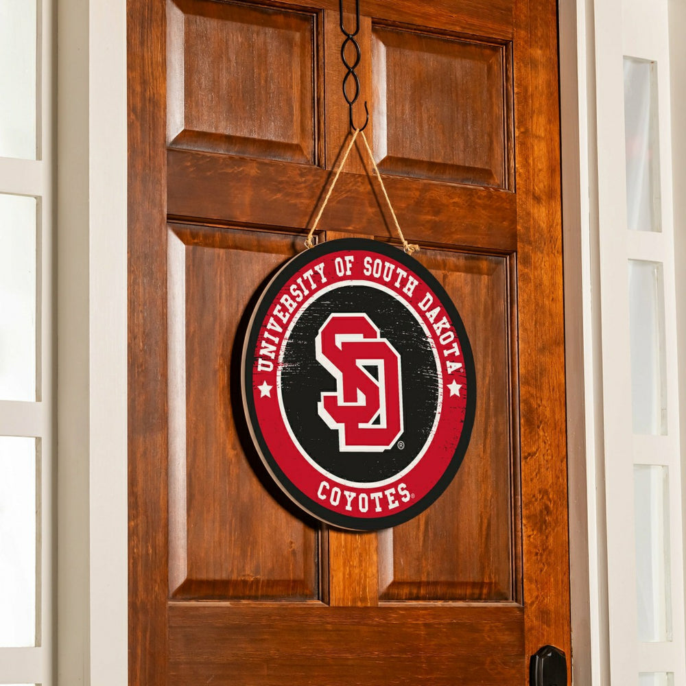 University of South Dakota Round Door Décor with Hanging Rope, 18x18 - Collegiate Home