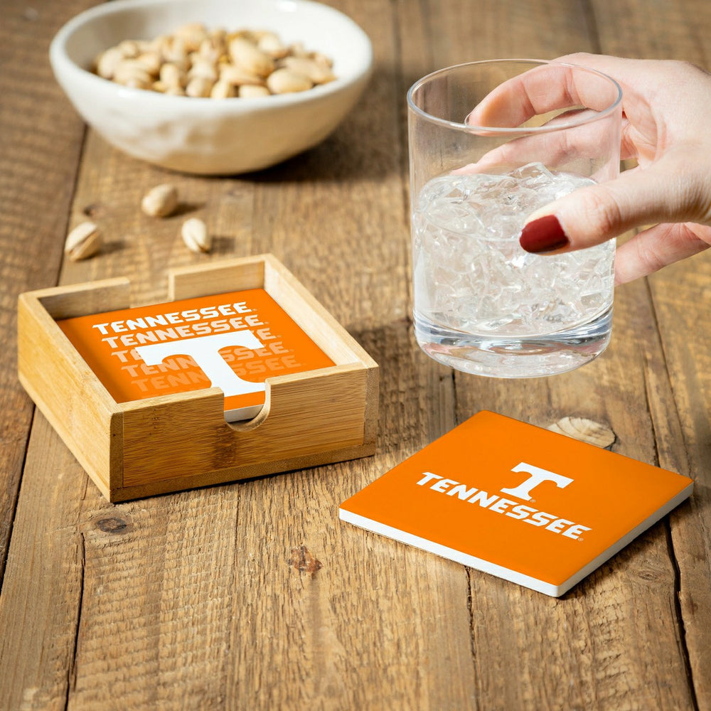 University of Tennessee Ceramic Coasters Set, 4pcs with Wood Caddy - Collegiate Home