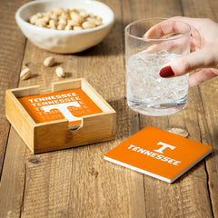 University of Tennessee Ceramic Coasters Set, 4pcs with Wood Caddy - Collegiate Home