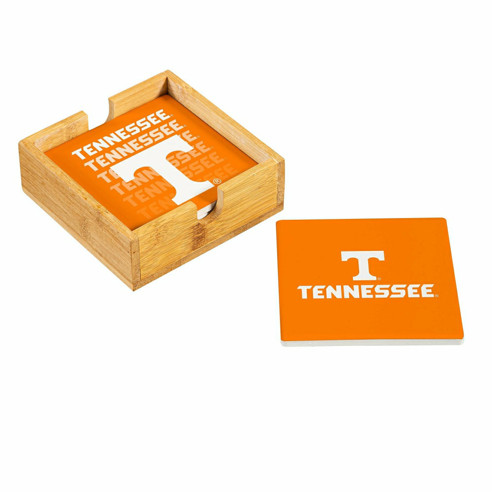 University of Tennessee Ceramic Coasters Set, 4pcs with Wood Caddy - Collegiate Home